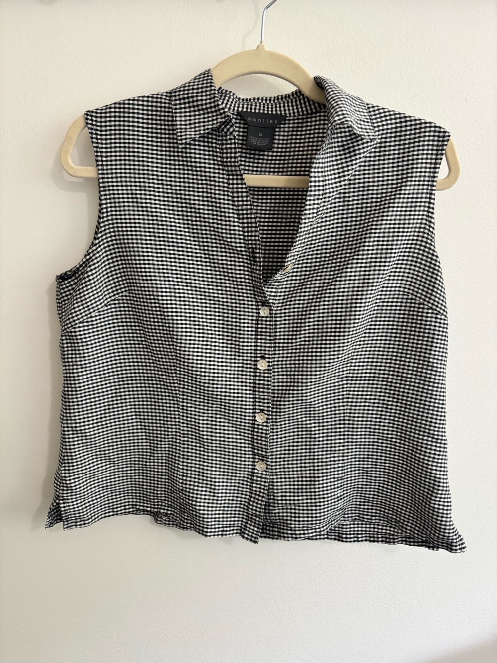 100% Silk Sleeveless Black & White Gingham Button-Down Front Top- Size 12